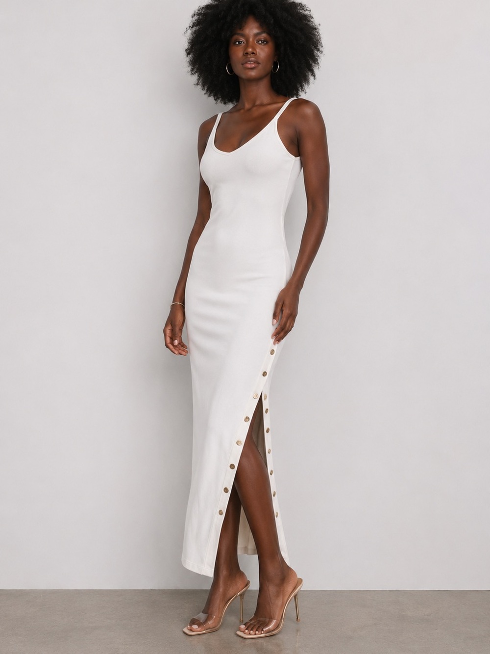 Blogger favorite SLEEVELESS V-NECK SIDE SLIT RIBBED BODYCON MAXI DRESS